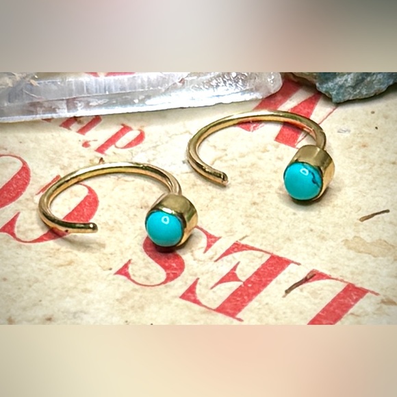 18k Gold Plated Sterling Silver Dry Creek Turquoise Huggie Hoop No Back Earrings - Picture 8 of 11